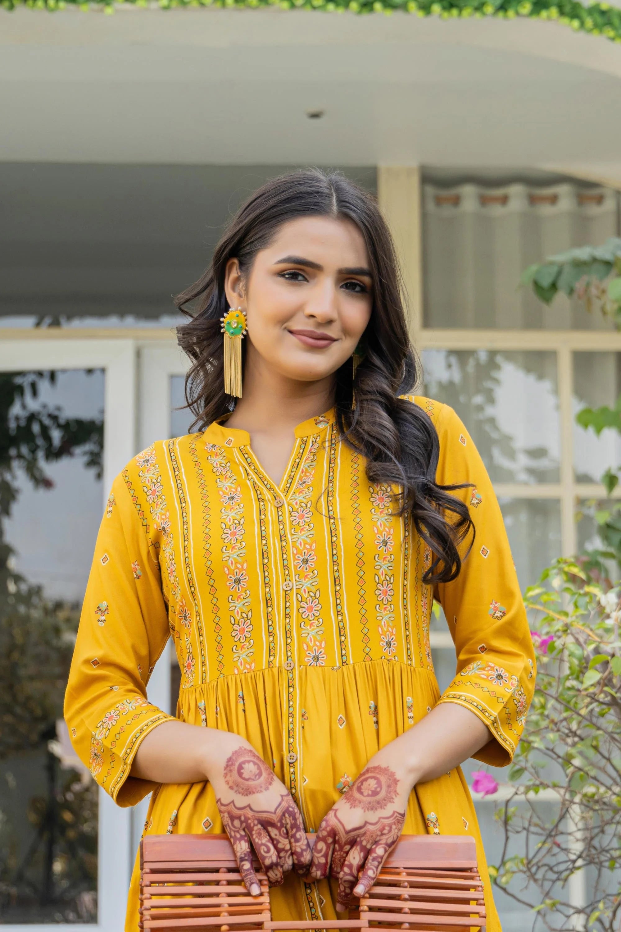 Mustard Floral Kurta - Indian Kurta with Thread Work & Lace