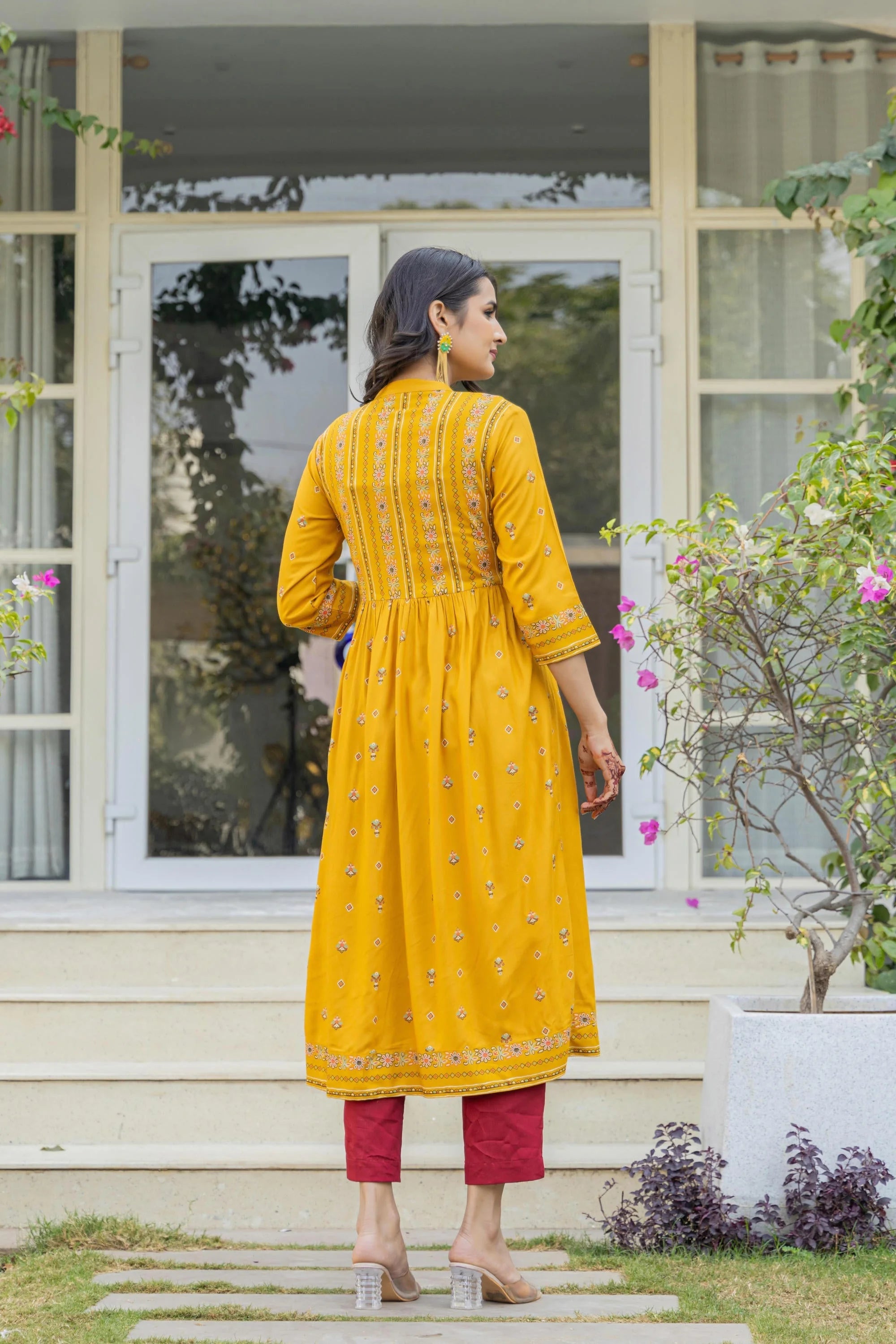 Mustard Floral Kurta - Indian Kurta with Thread Work & Lace
