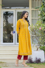 Mustard Floral Printed Cotton Kurta With Thread Work & Lace-P1223MUSTARD