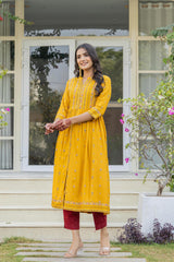 Mustard Floral Printed Cotton Kurta With Thread Work & Lace-P1223MUSTARD