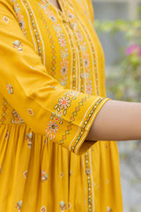 Mustard Floral Printed Cotton Kurta With Thread Work & Lace-P1223MUSTARD