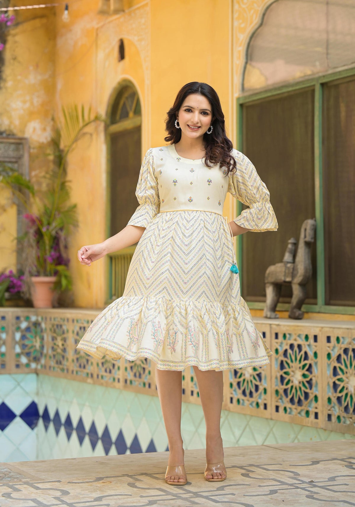Women Ivory Printed Shortdress-P1226IVORY_ON