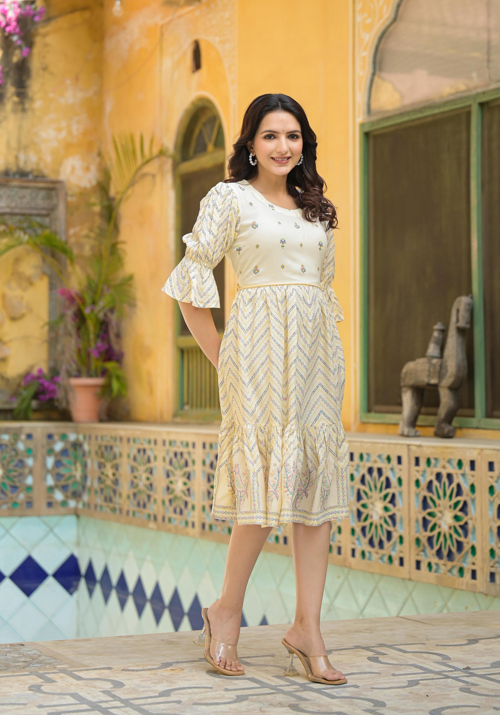 Women Ivory Printed Shortdress