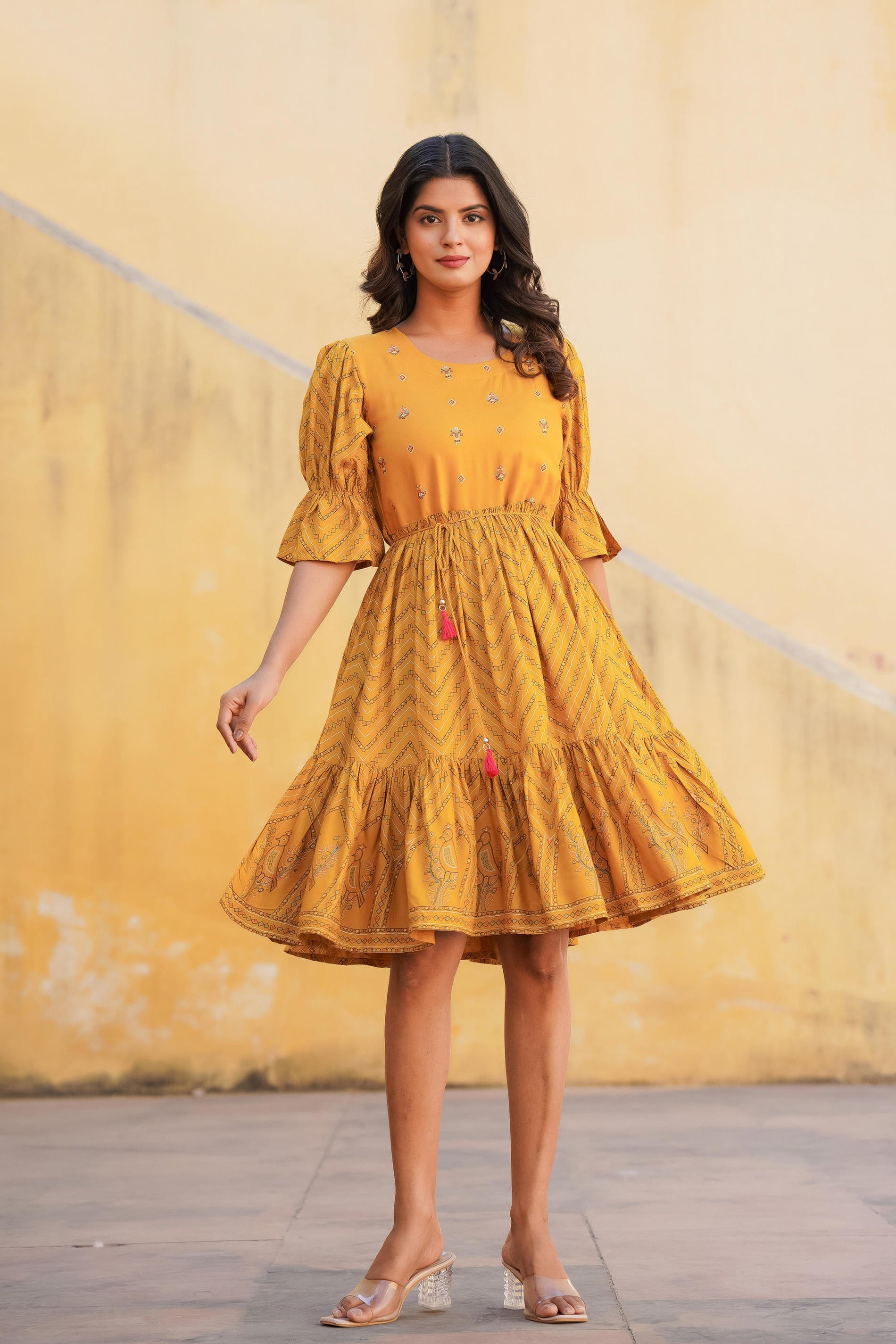 Women Mustard Printed Shortdress