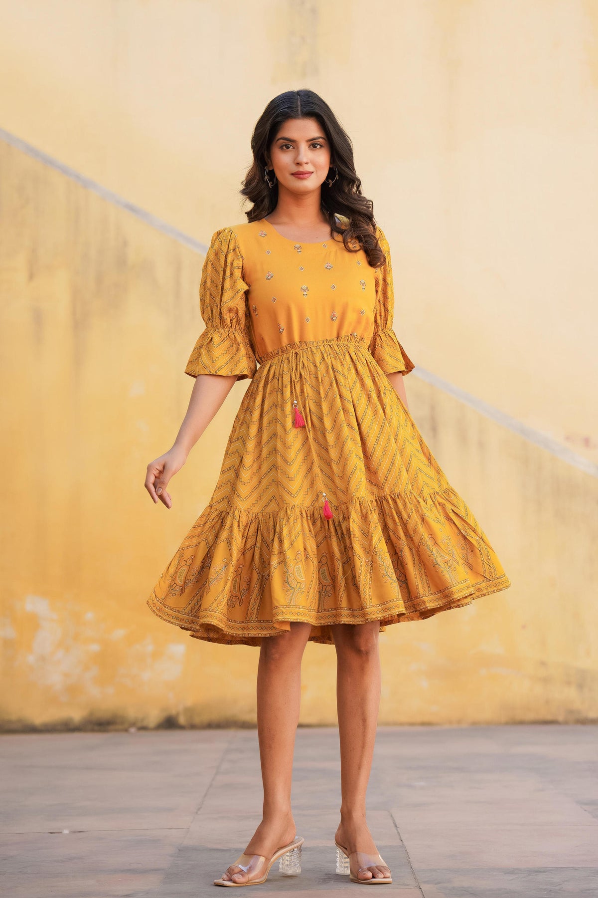 Women Mustard Printed Shortdress-P1226MUSTARD_ON
