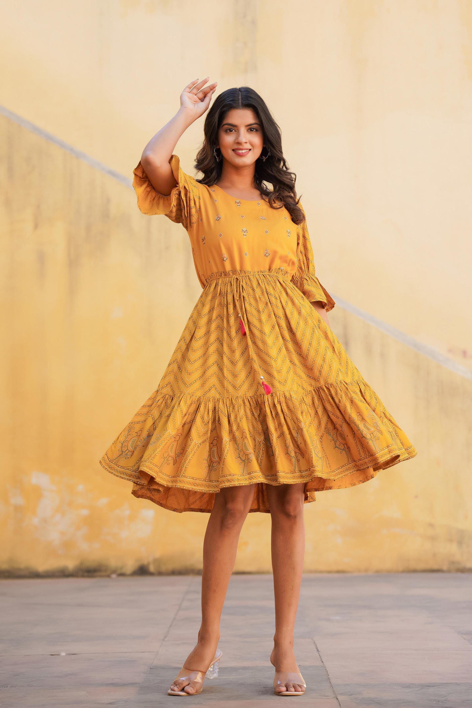 Women Mustard Printed Shortdress