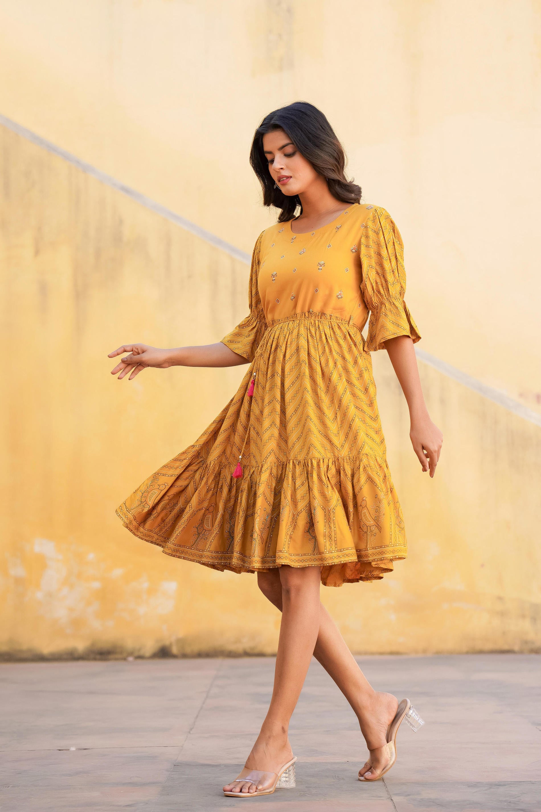 Women Mustard Printed Shortdress