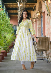 Off White & Lime Floral Printed Viscose Kurta With Sequins & Thread Work-P1228OFF_LIME