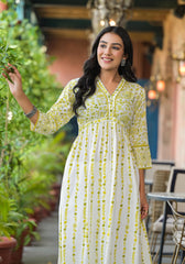 Off White & Lime Floral Printed Viscose Kurta With Sequins & Thread Work-P1228OFF_LIME