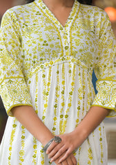 Off White & Lime Floral Printed Viscose Kurta With Sequins & Thread Work-P1228OFF_LIME