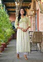 Off White & Lime Floral Printed Viscose Kurta With Sequins & Thread Work-P1228OFF_LIME