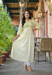 Off White & Lime Floral Printed Viscose Kurta With Sequins & Thread Work-P1228OFF_LIME