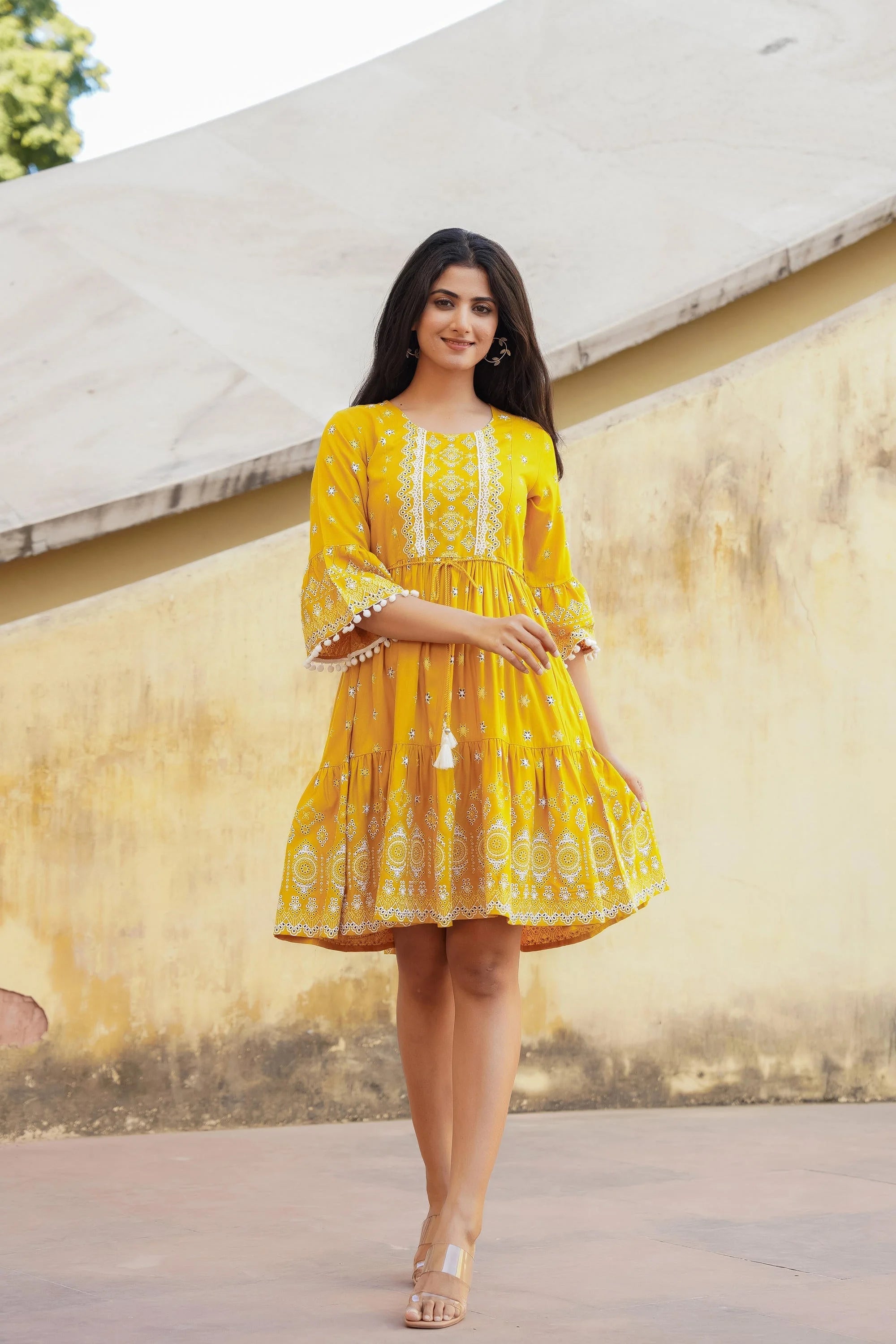 Mustard Ethnic Print Dress | Indian Dresses Online