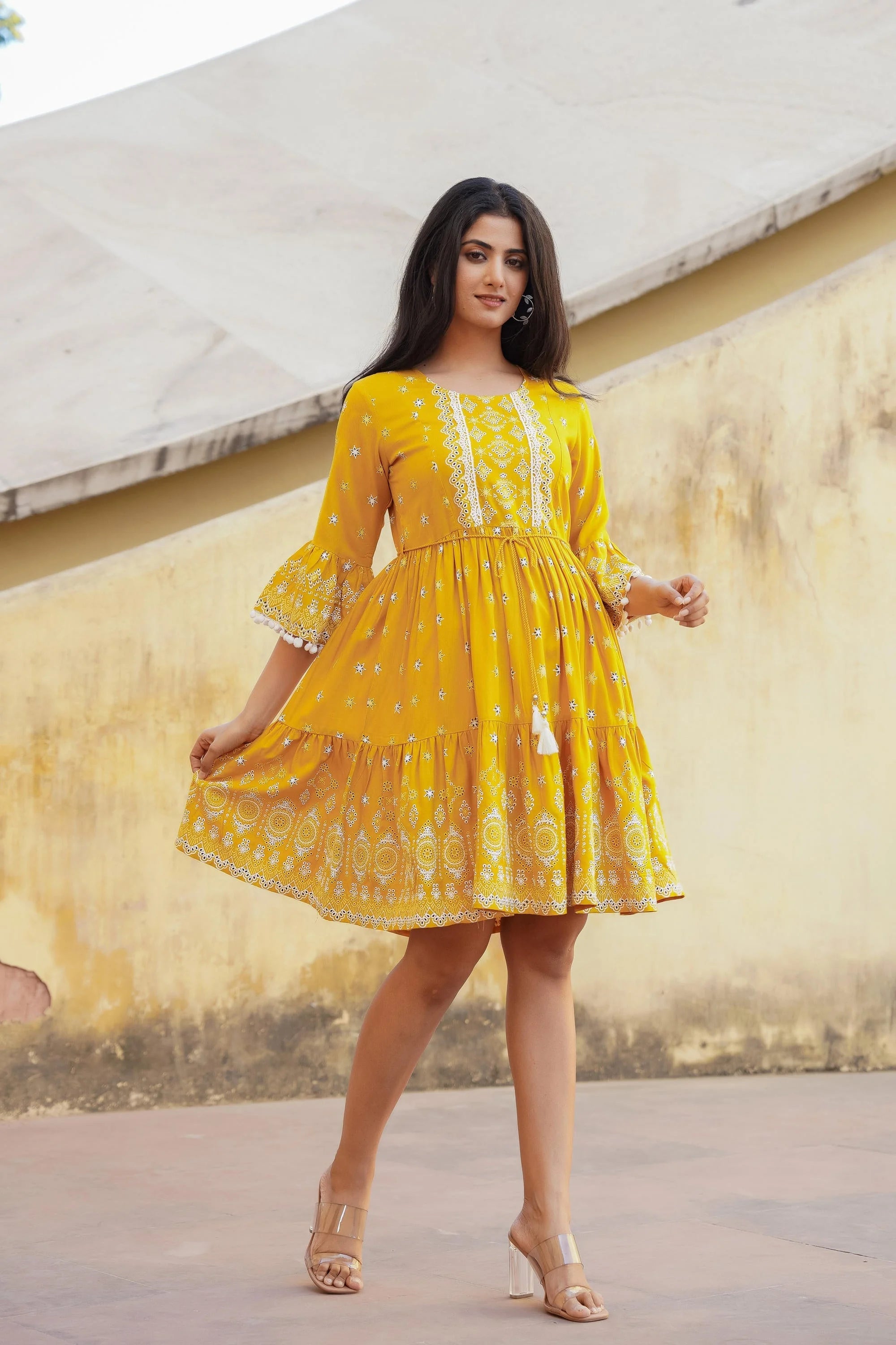 Mustard Ethnic Print Dress | Indian Dresses Online