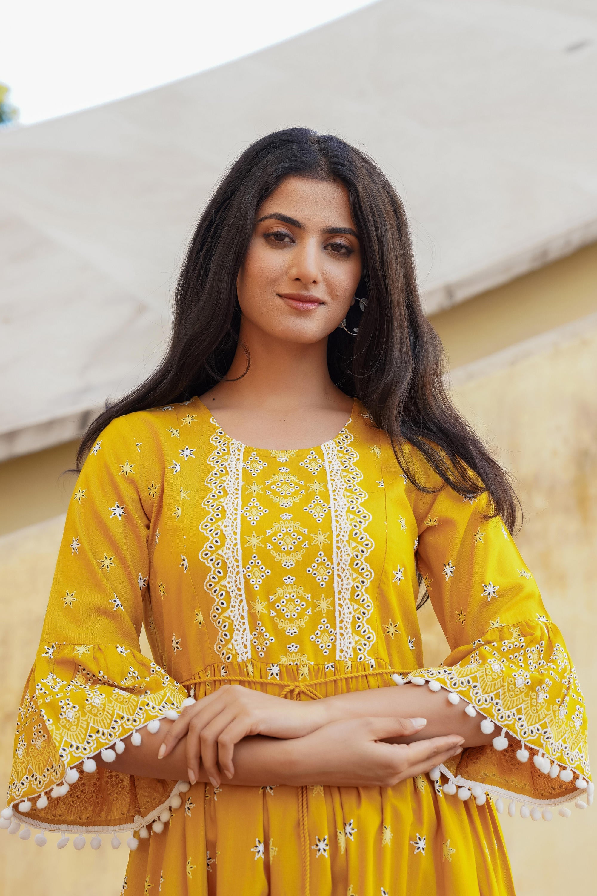 Mustard Ethnic Print Dress | Indian Dresses Online