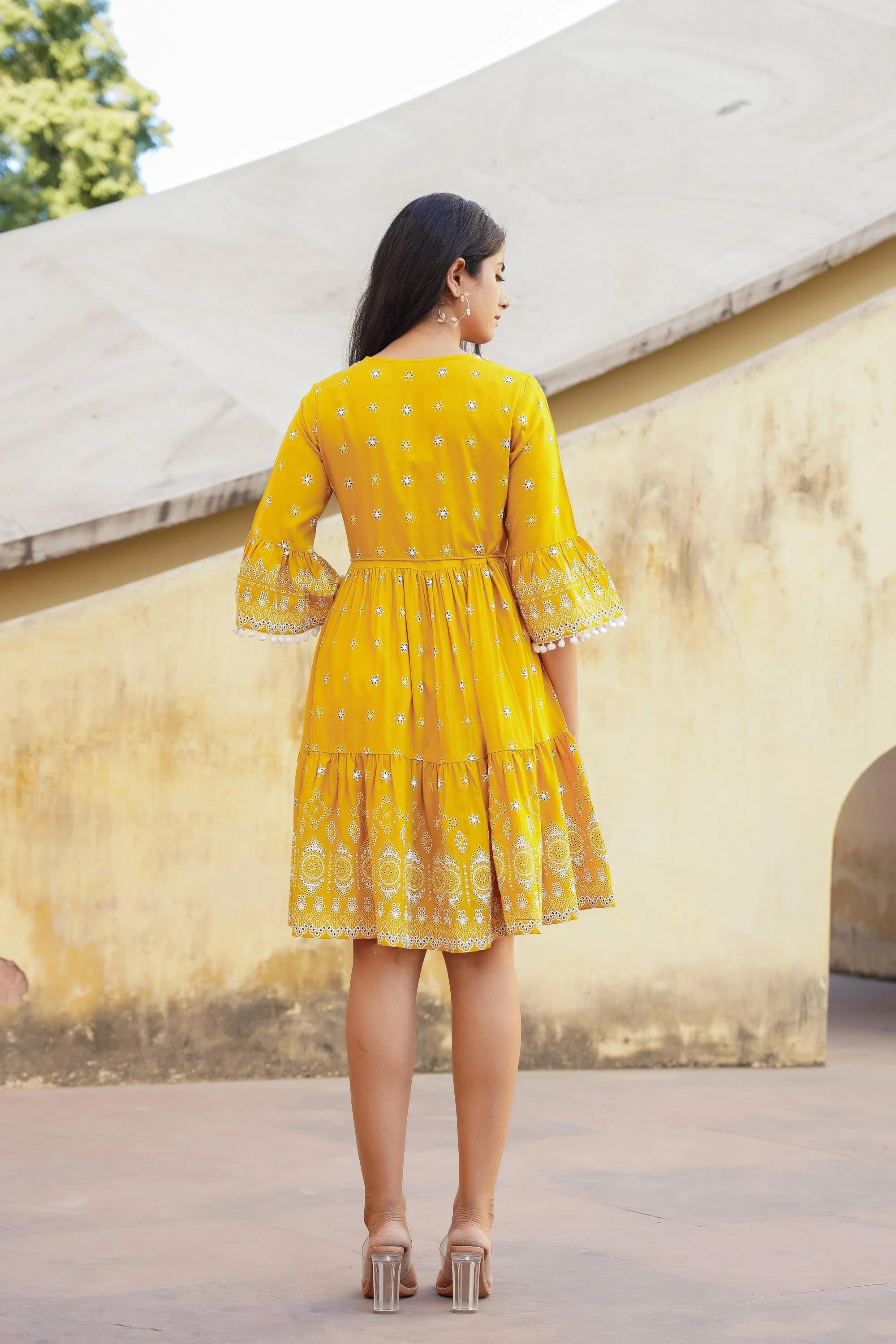 Mustard Ethnic Print Dress | Indian Dresses Online