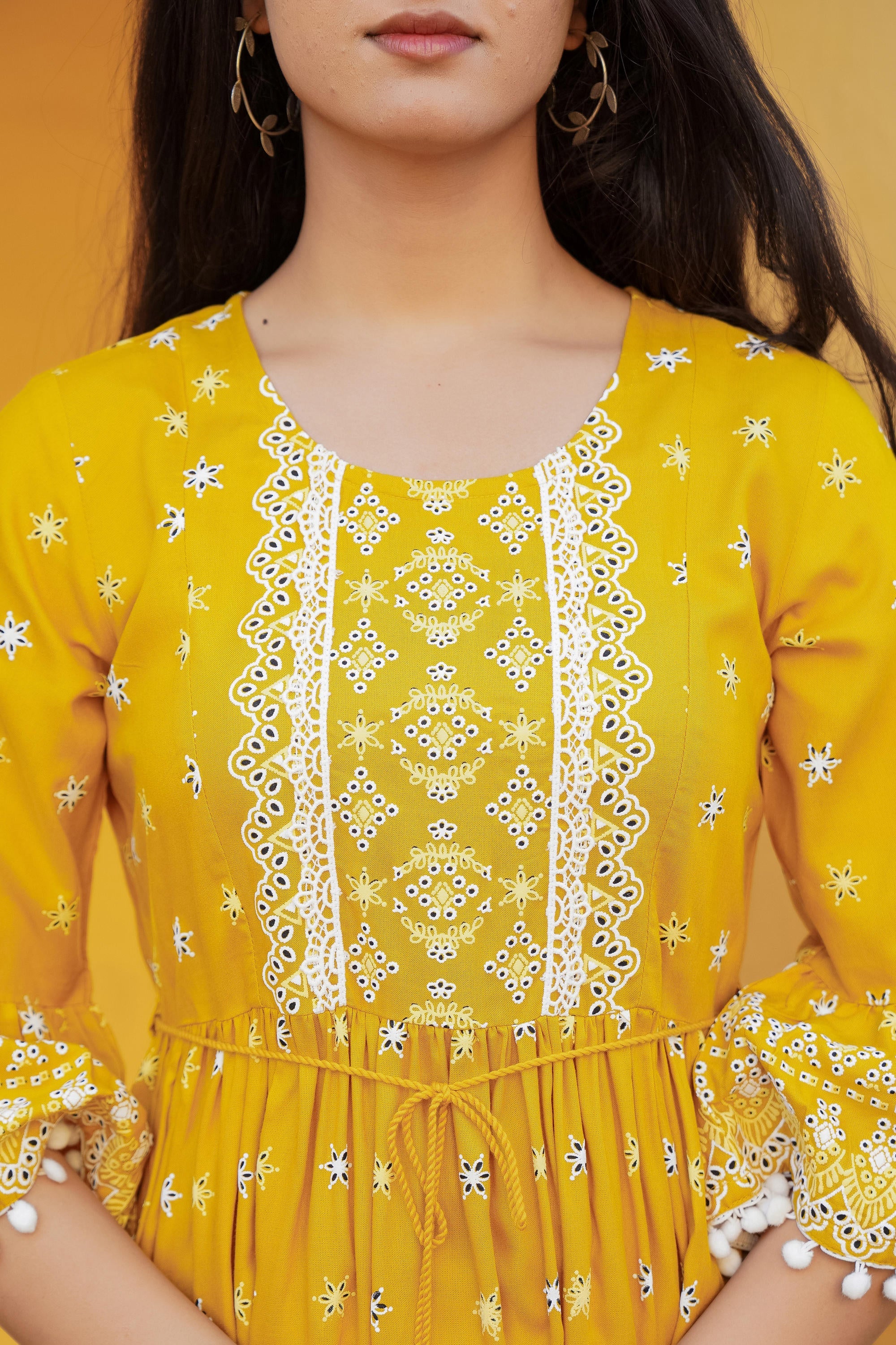 Mustard Ethnic Print Dress | Indian Dresses Online