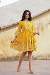 Mustard Ethnic Motif Printed Viscose Short Dress With Doris & Tassels-P1229MUSTARD