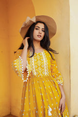 Mustard Ethnic Motif Printed Viscose Short Dress With Doris & Tassels-P1229MUSTARD