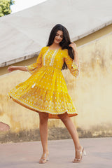 Mustard Ethnic Motif Printed Viscose Short Dress With Doris & Tassels-P1229MUSTARD