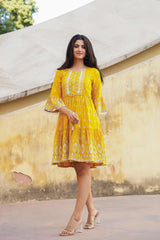 Mustard Ethnic Motif Printed Viscose Short Dress With Doris & Tassels-P1229MUSTARD