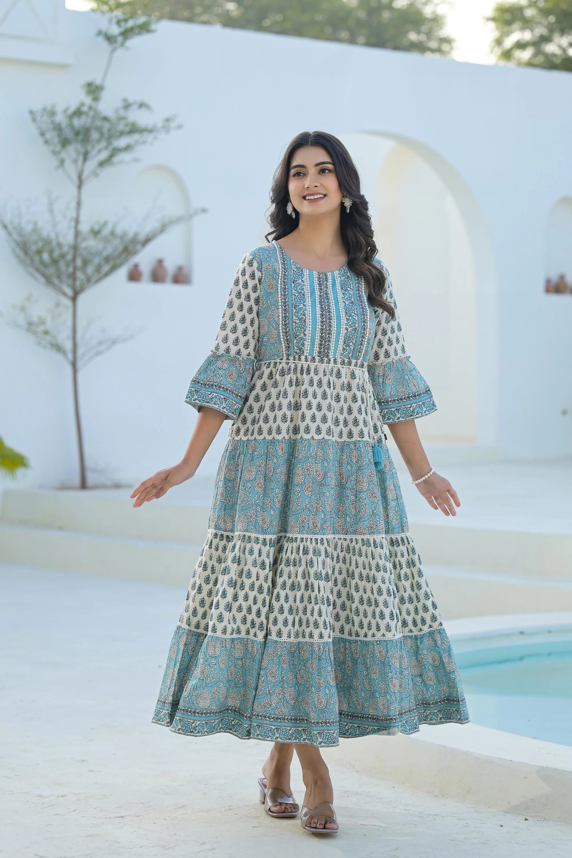 Sky Blue Ethnic Motif Indian Cotton Dresses With Tassels