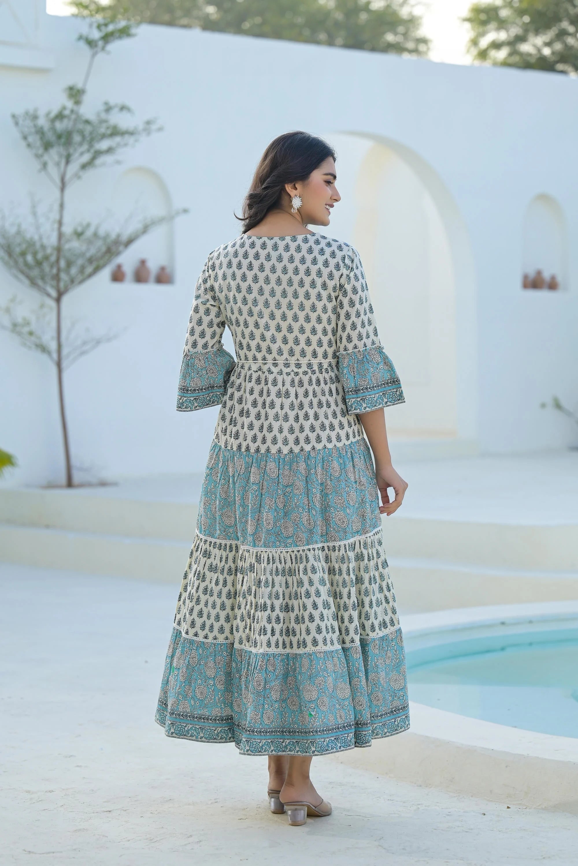 Sky Blue Ethnic Motif Indian Cotton Dresses With Tassels