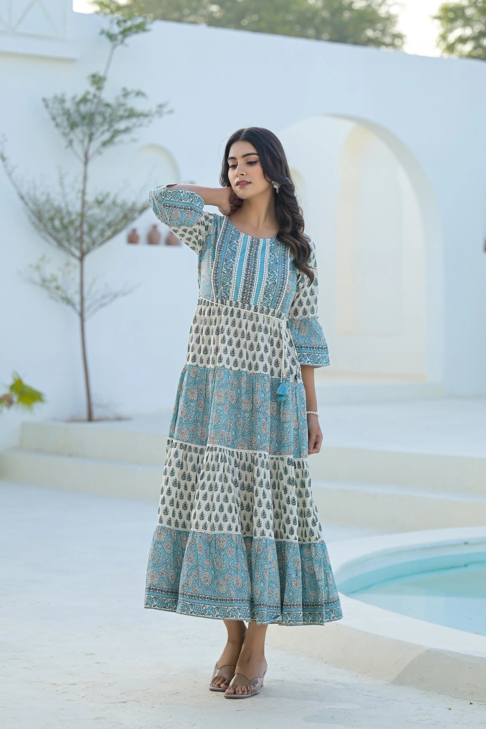 Sky Blue Ethnic Motif Indian Cotton Dresses With Tassels