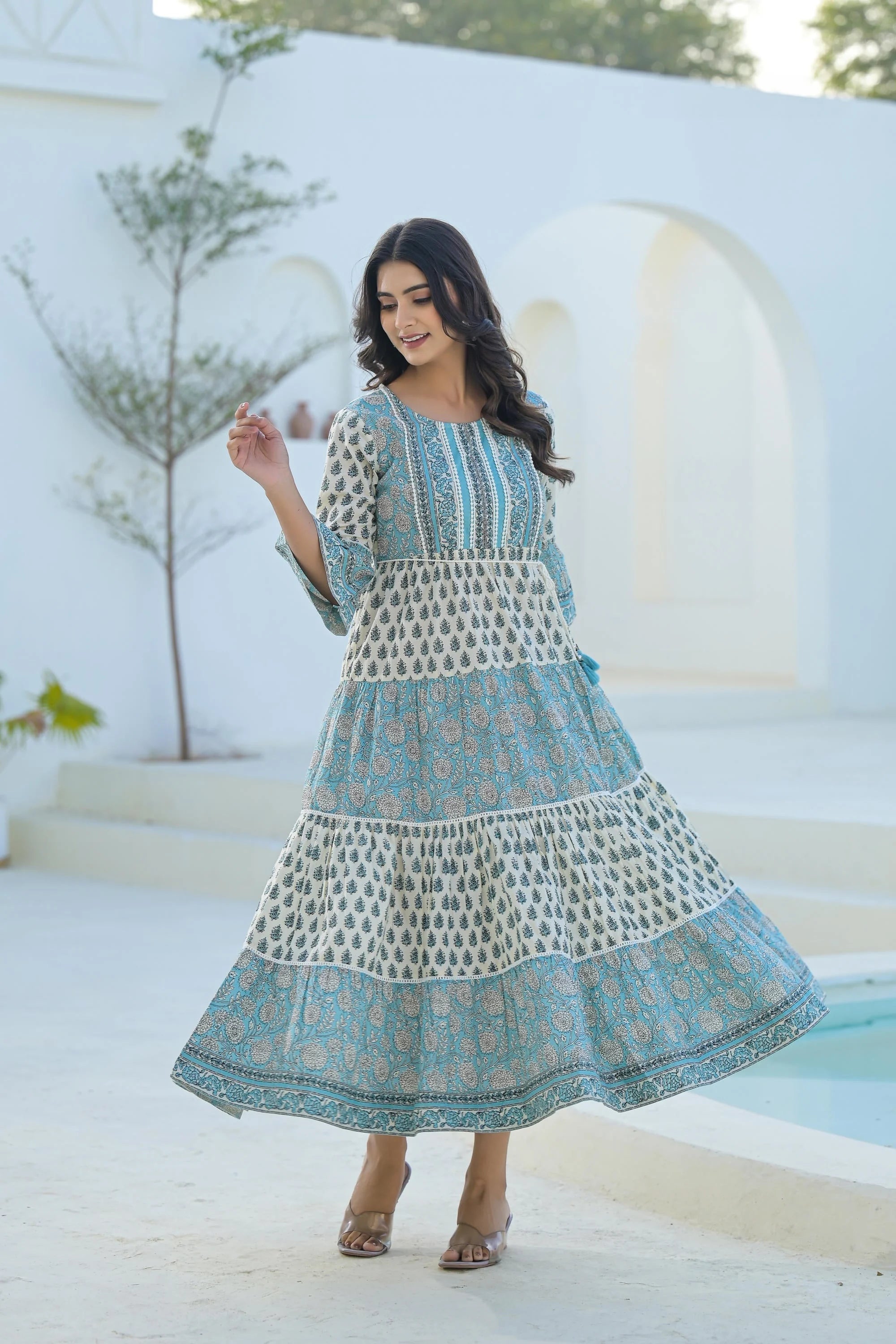 Sky Blue Ethnic Motif Indian Cotton Dresses With Tassels Sky Blue Ethnic Motif Indian Cotton Dresses With Tassels