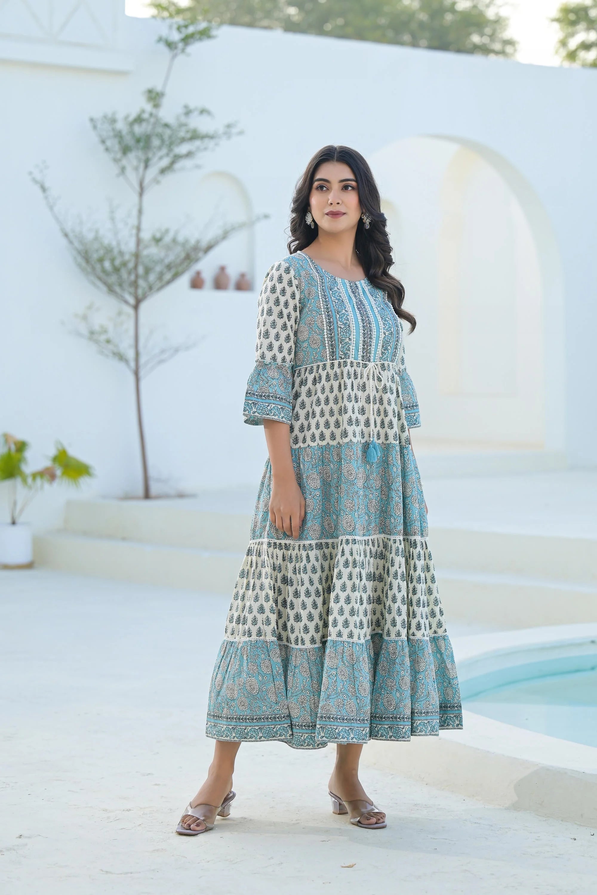 Sky Blue Ethnic Motif Printed Cotton Long Dress With Doris & Tassels Sky Blue Ethnic Motif Printed Cotton Long Dress With Doris & Tassels
