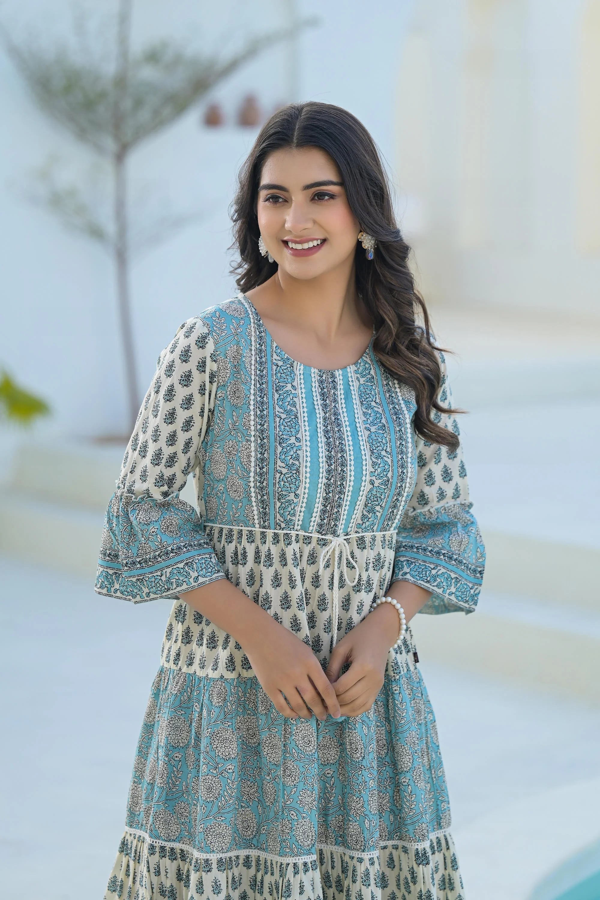 Sky Blue Ethnic Motif Indian Cotton Dresses With Tassels Sky Blue Ethnic Motif Indian Cotton Dresses With Tassels