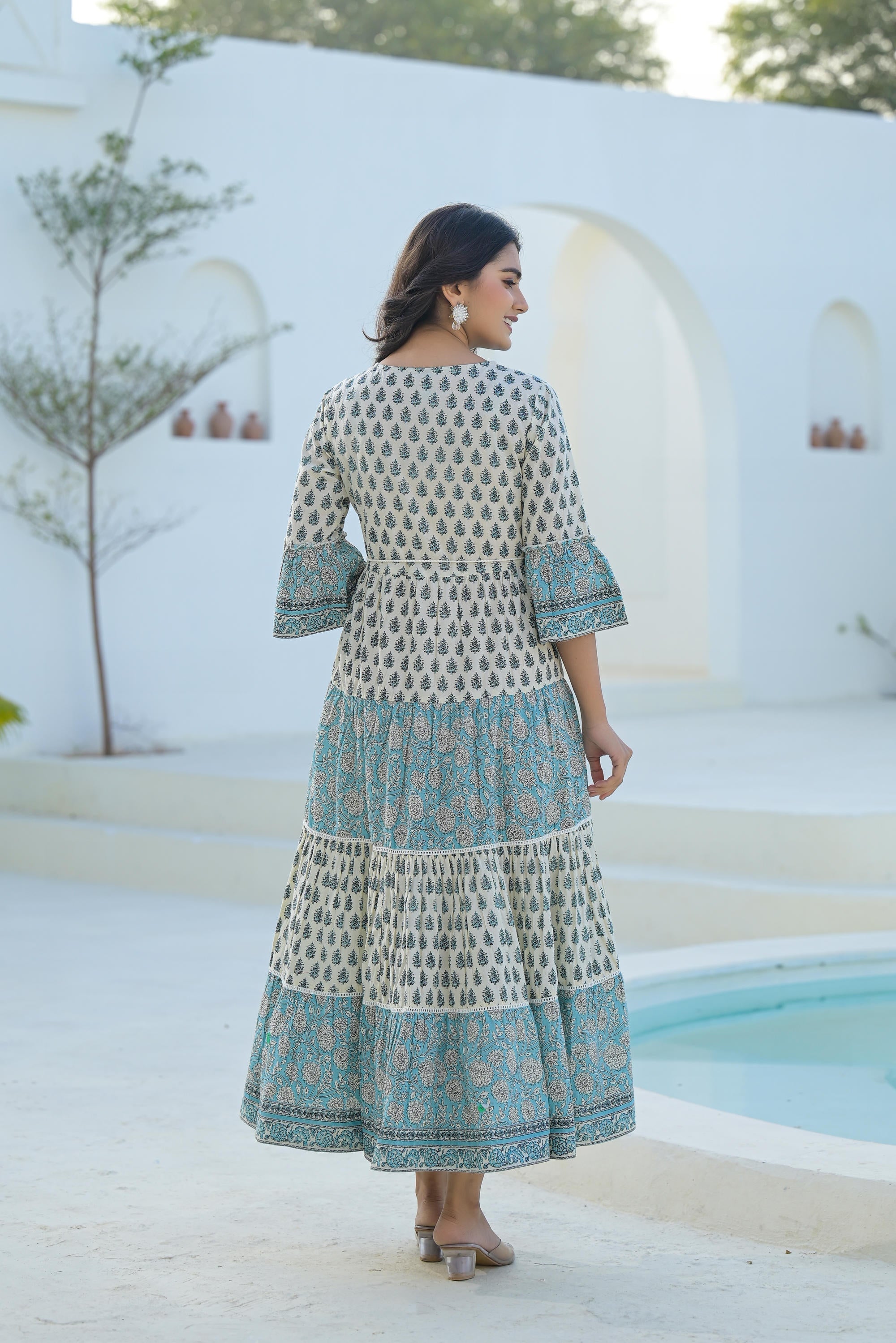 Sky Blue Ethnic Motif Printed Cotton Long Dress With Doris & Tassels |