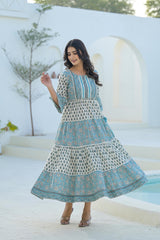 Sky Blue Ethnic Motif Printed Cotton Long Dress With Doris & Tassels-P1230SKYBLUE