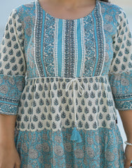 Sky Blue Ethnic Motif Printed Cotton Long Dress With Doris & Tassels-P1230SKYBLUE