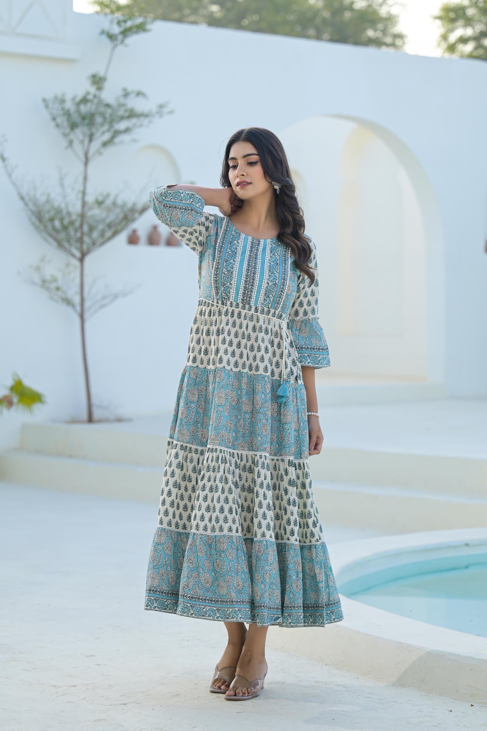 Sky Blue Ethnic Motif Printed Cotton Long Dress With Doris & Tassels |