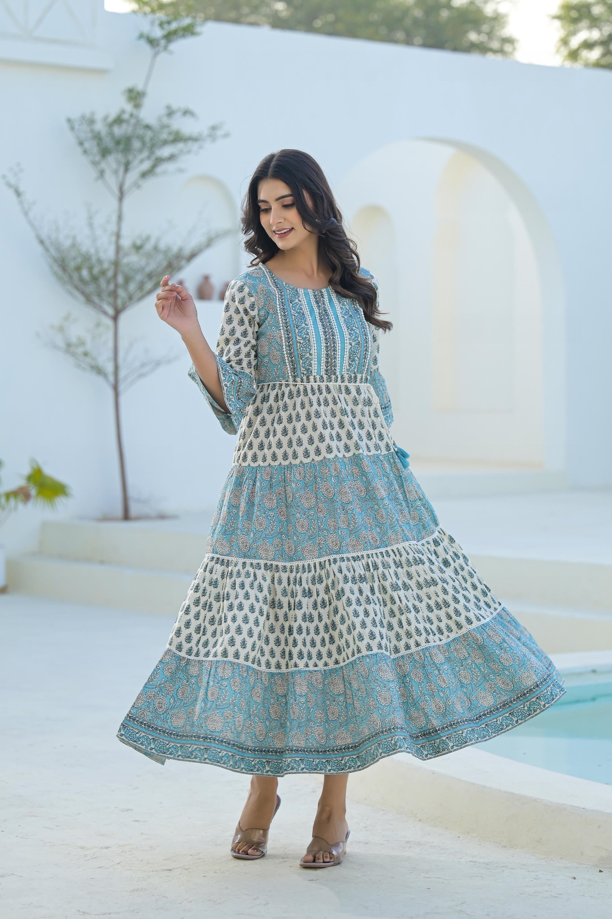 Sky Blue Ethnic Motif Printed Cotton Long Dress With Doris & Tassels |