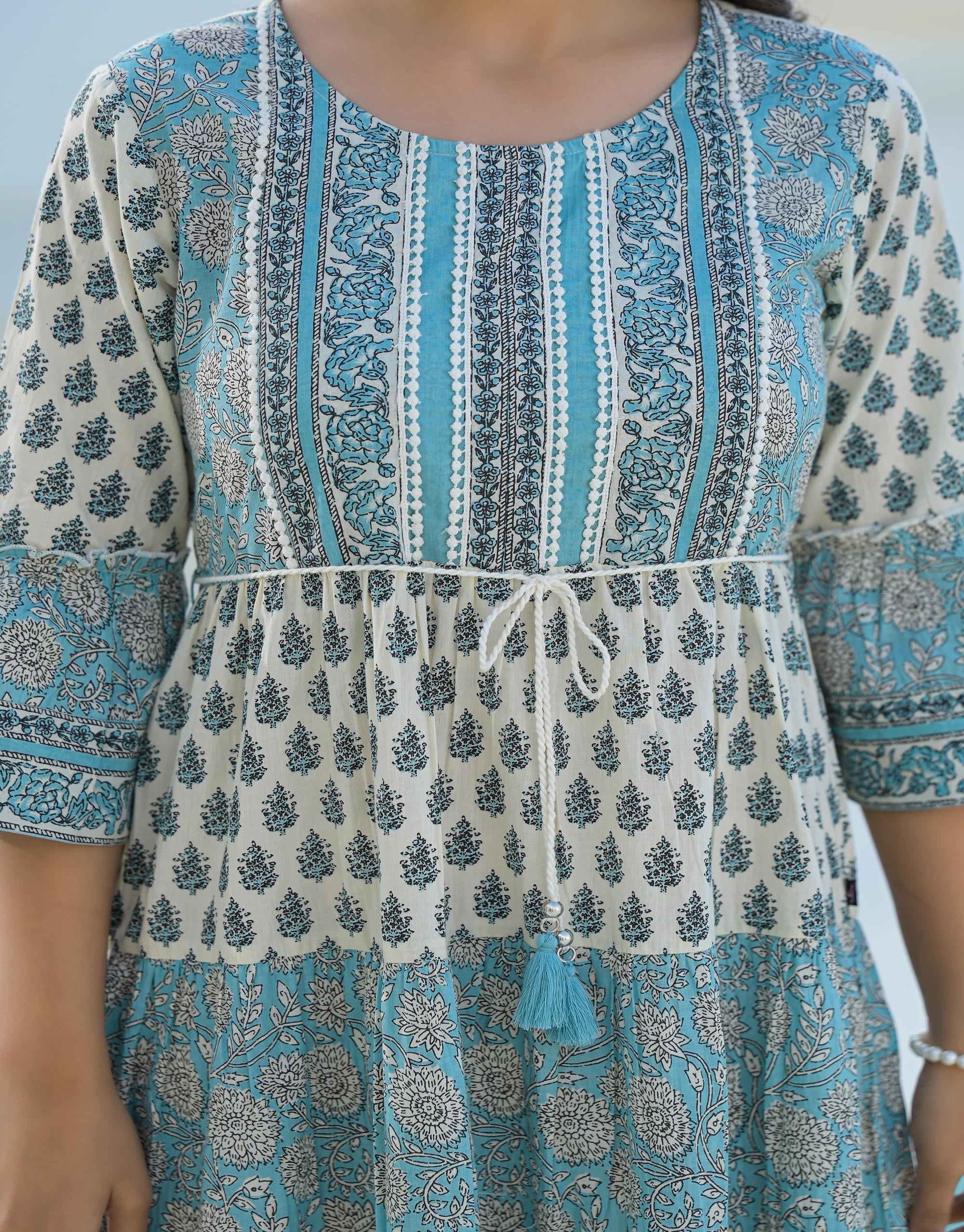 Sky Blue Ethnic Motif Printed Cotton Long Dress With Doris & Tassels |