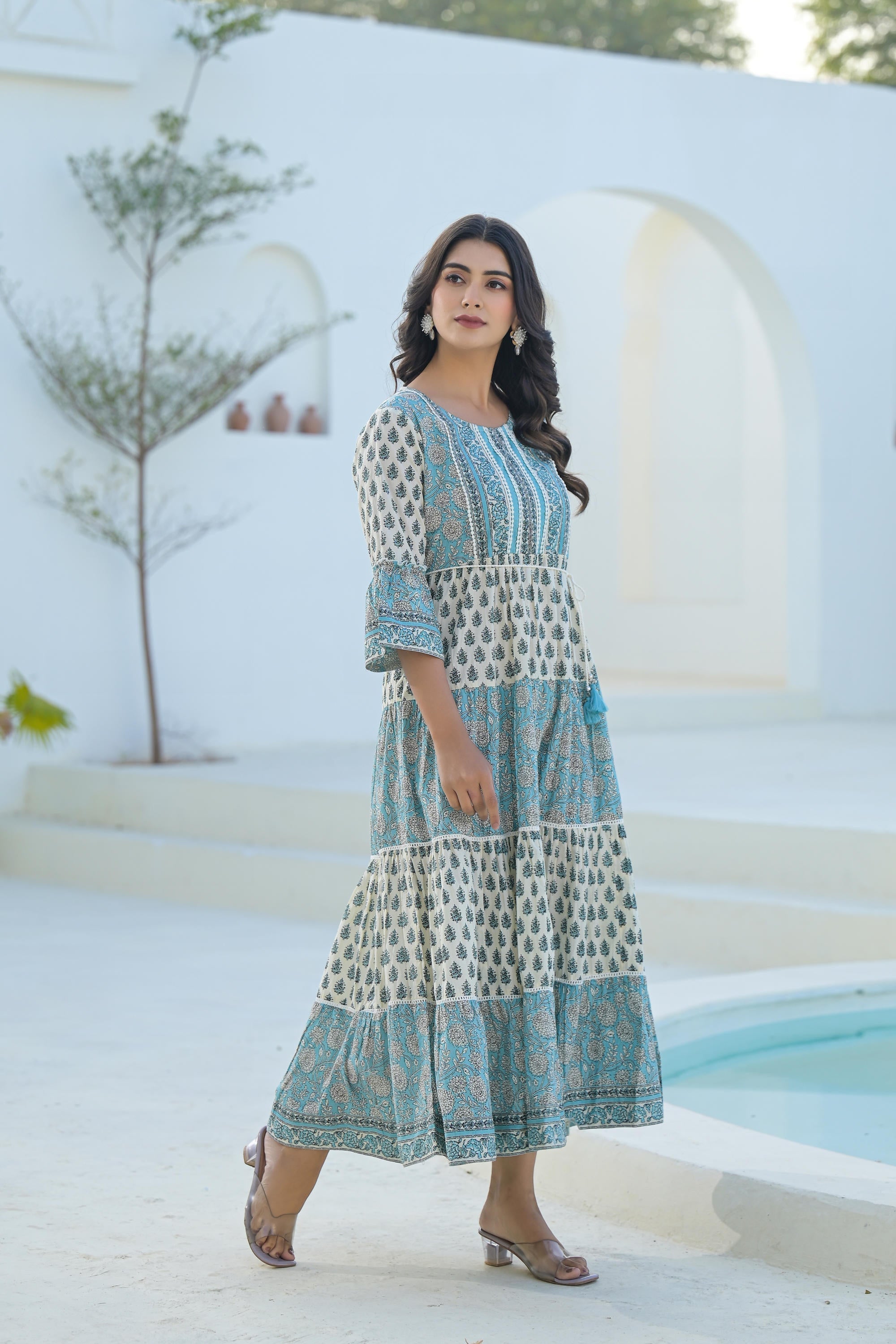 Sky Blue Ethnic Motif Printed Cotton Long Dress With Doris & Tassels |
