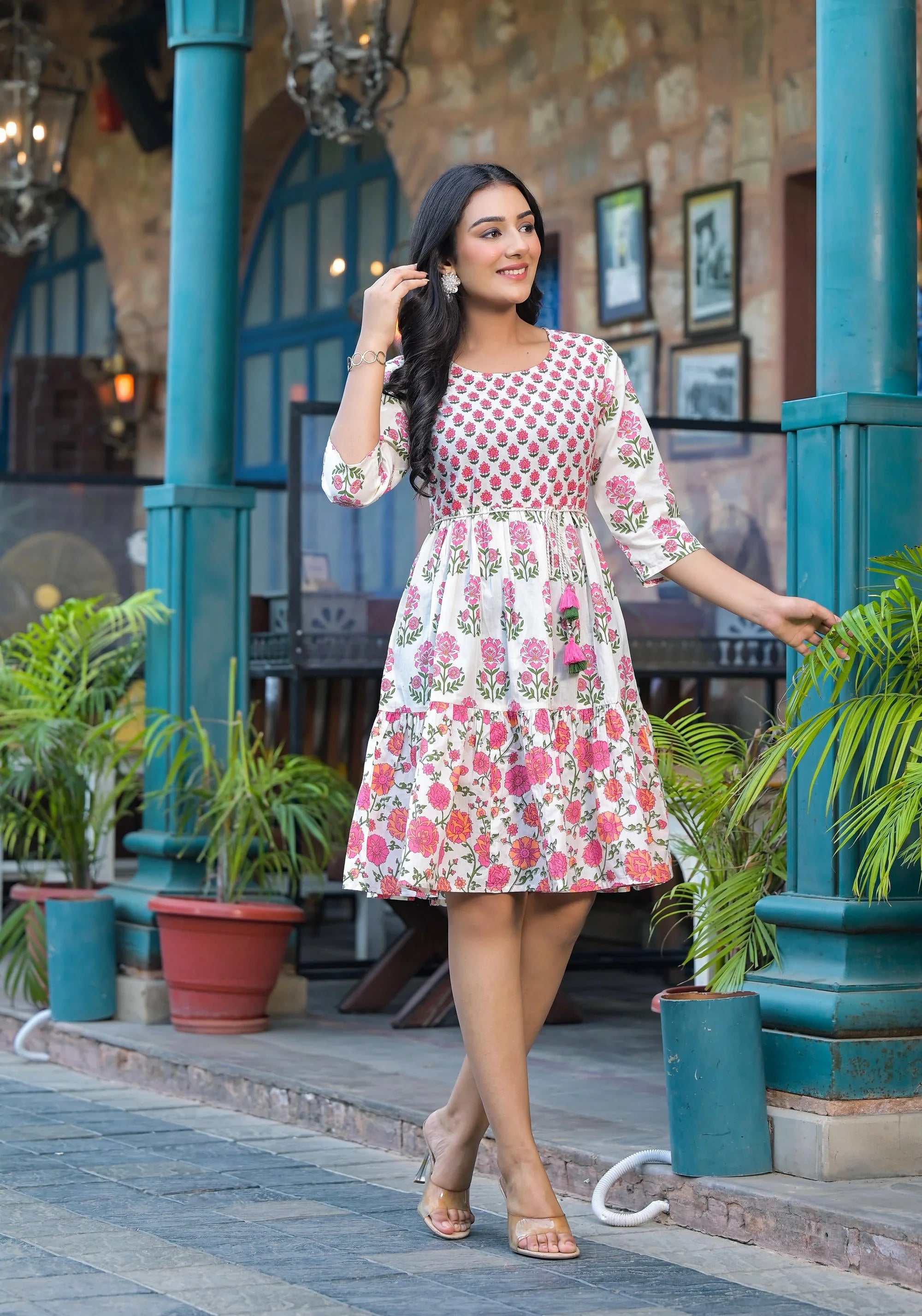 Floral Cotton Short Indian Dresses Online | Off Lime Dress