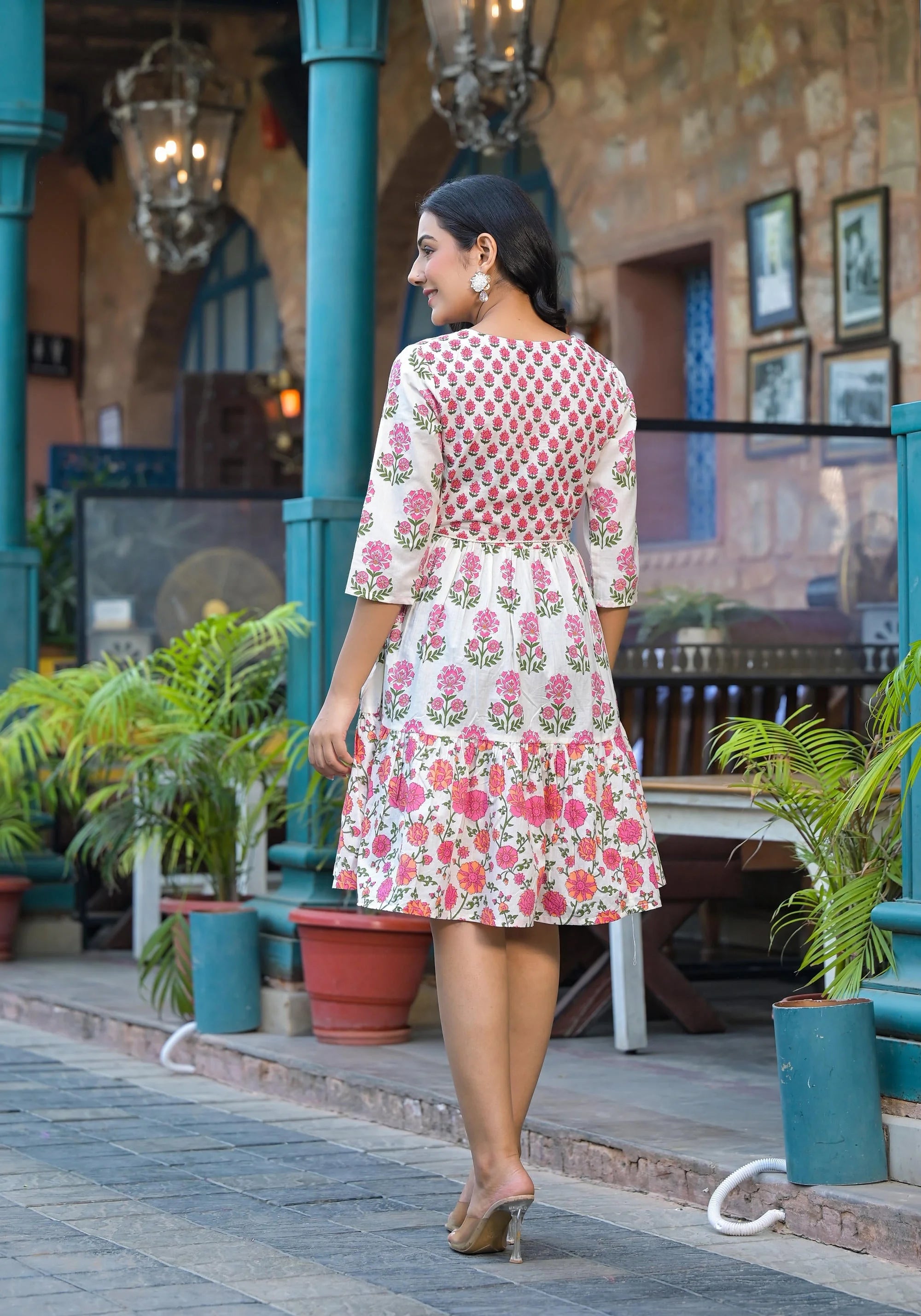 Floral Cotton Short Indian Dresses Online | Off Lime Dress