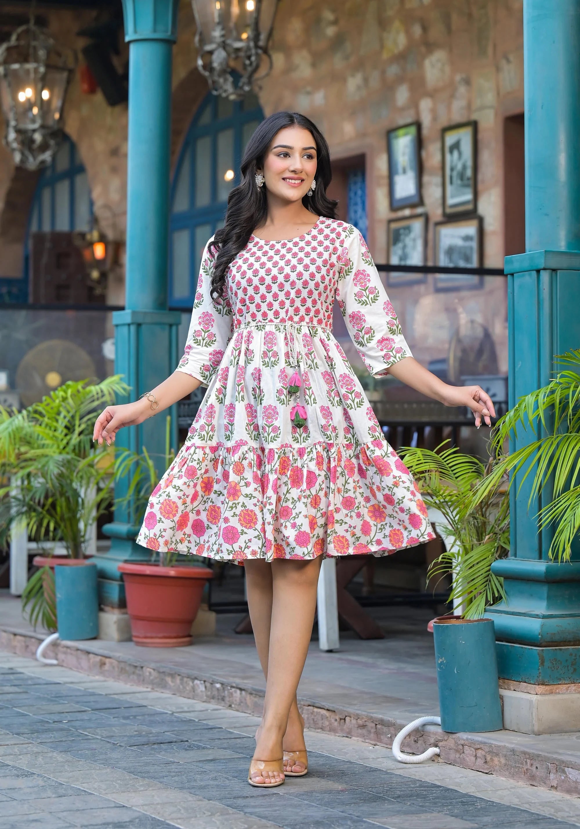 Floral Cotton Short Indian Dresses Online | Off Lime Dress