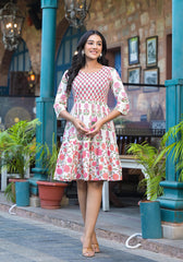 Off Lime Floral Printed Cotton Short Dress With Doris-P1231OFF_LIME