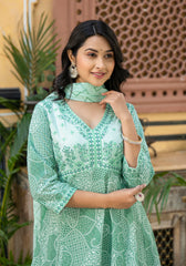 Women Green Print With Embroidered Kurta Pant Dupatta-P1233GREEN_ON