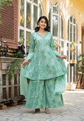Women Green Print With Embroidered Kurta Pant Dupatta-P1233GREEN_ON