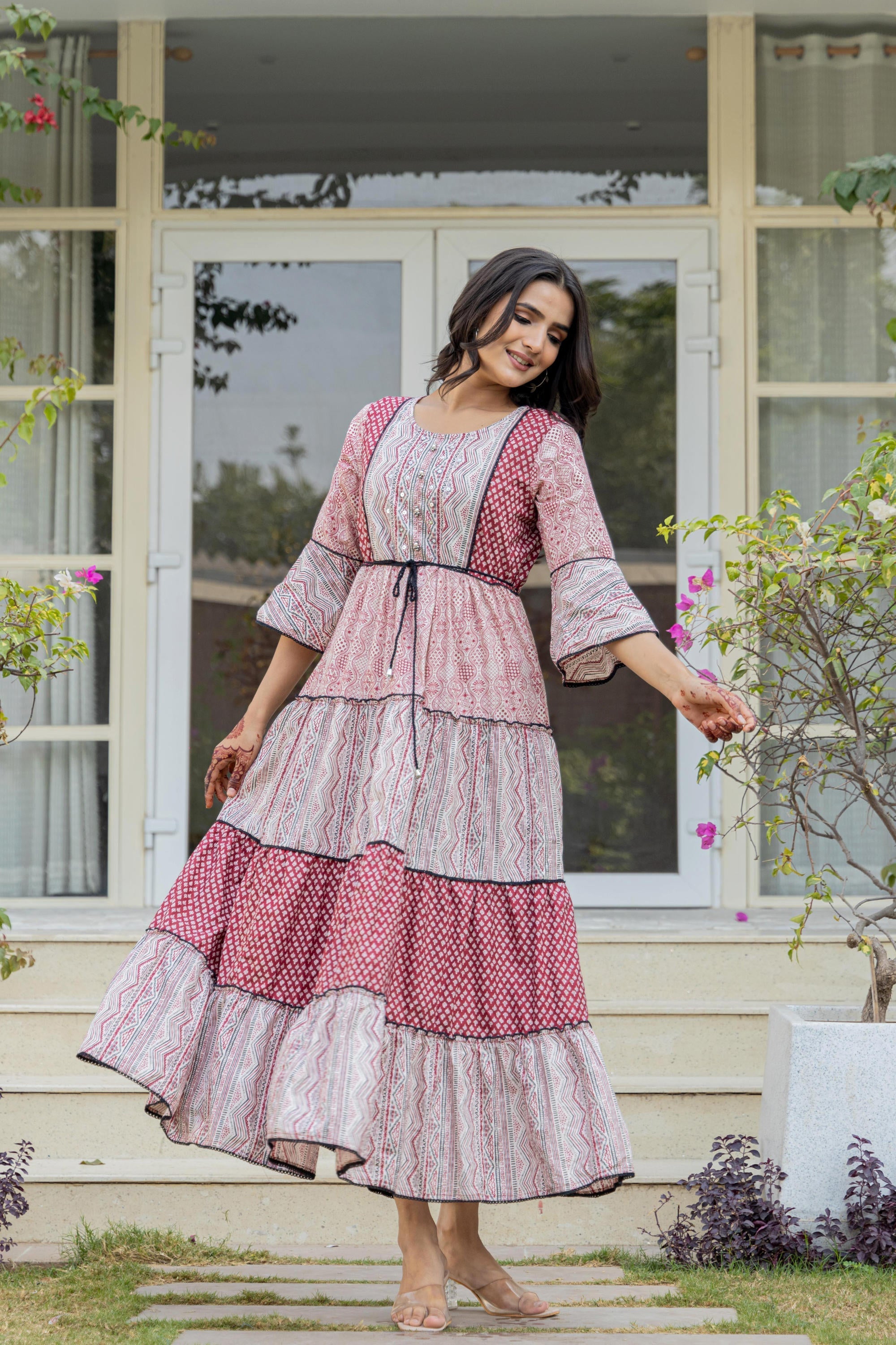 Red Ethnic Motif Printed Cotton Long Dress With Sequins & Doris | Desi