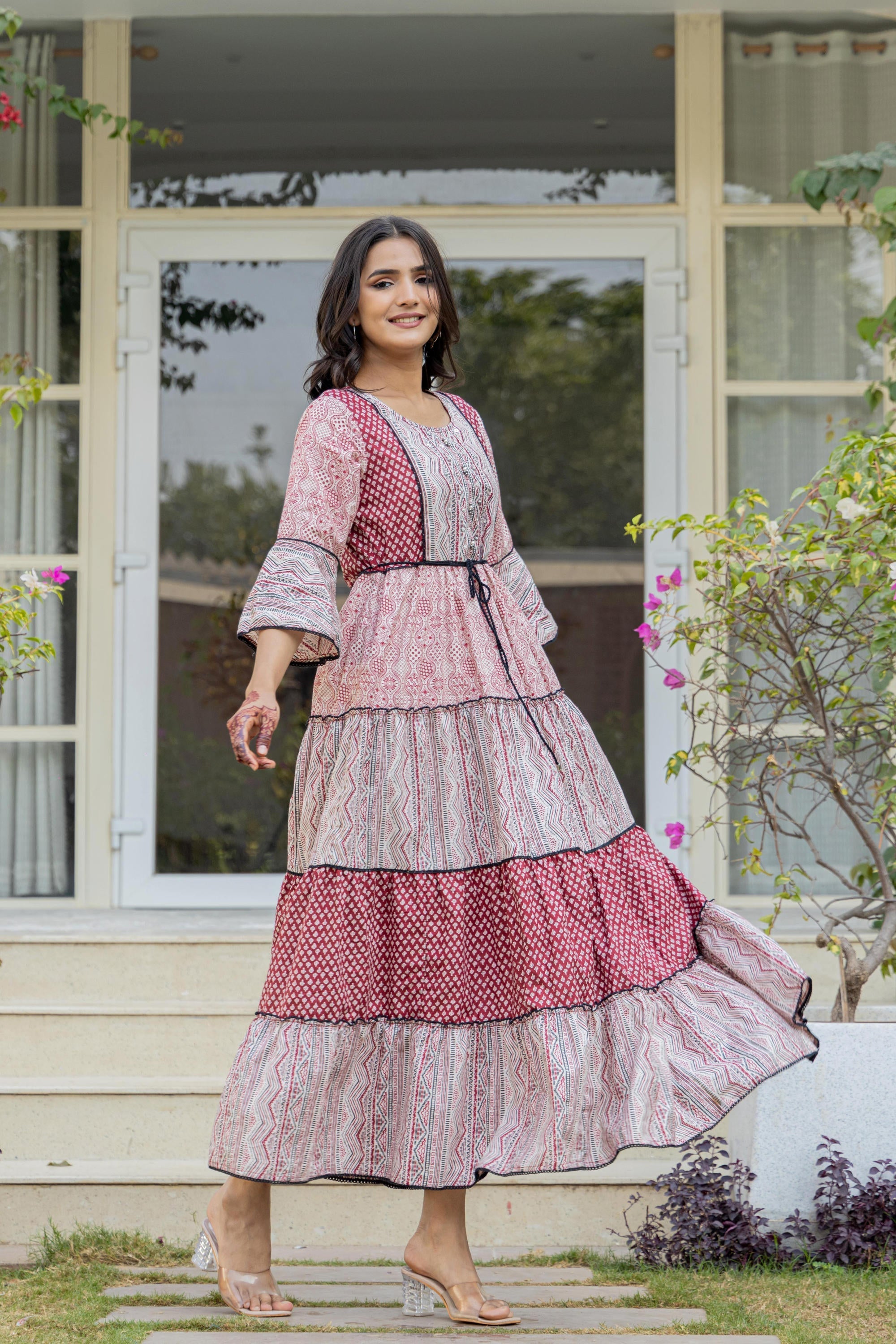 Red Ethnic Motif Printed Cotton Long Dress With Sequins & Doris | Desi