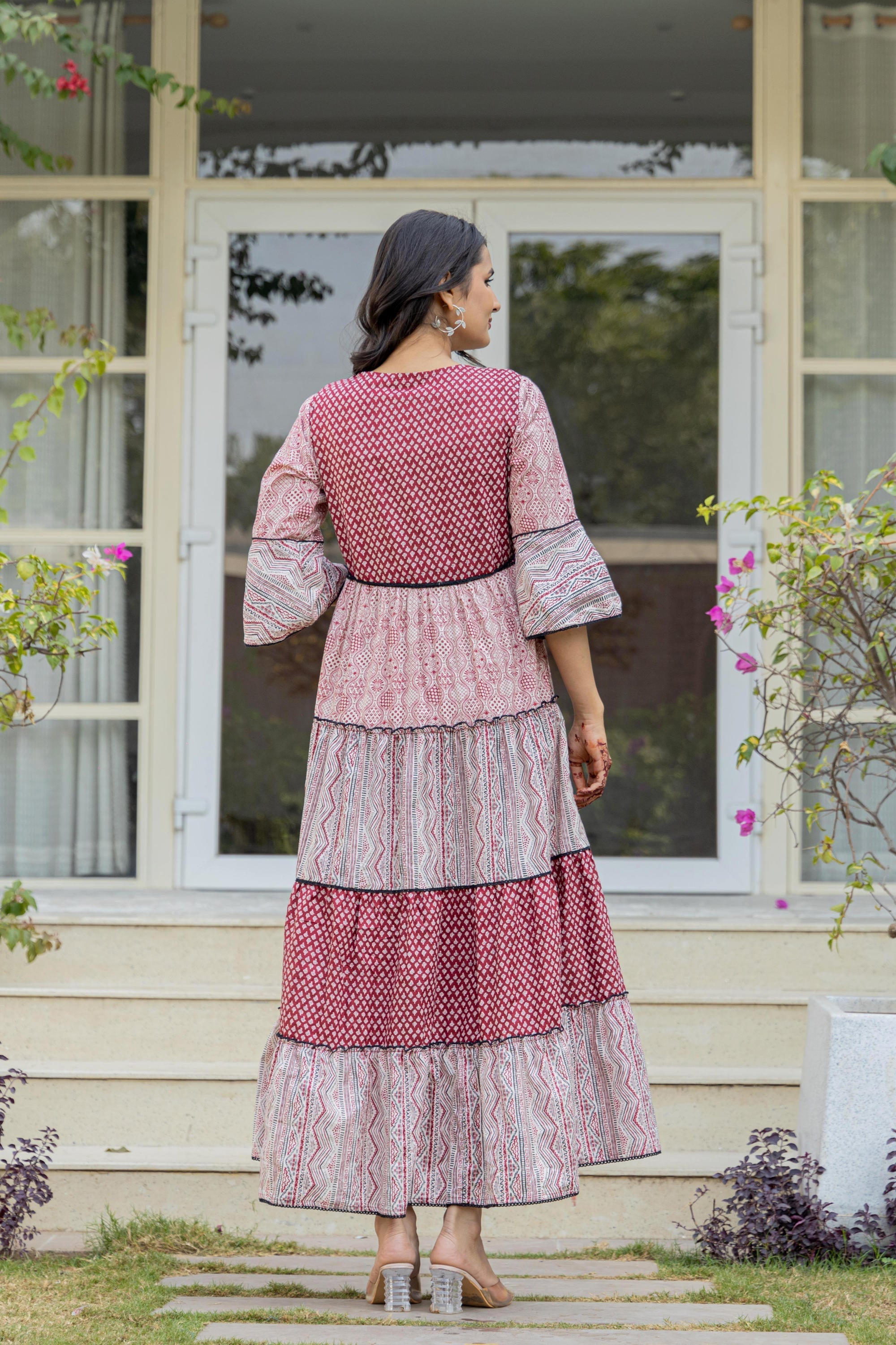 Red Ethnic Motif Printed Cotton Long Dress With Sequins & Doris | Desi