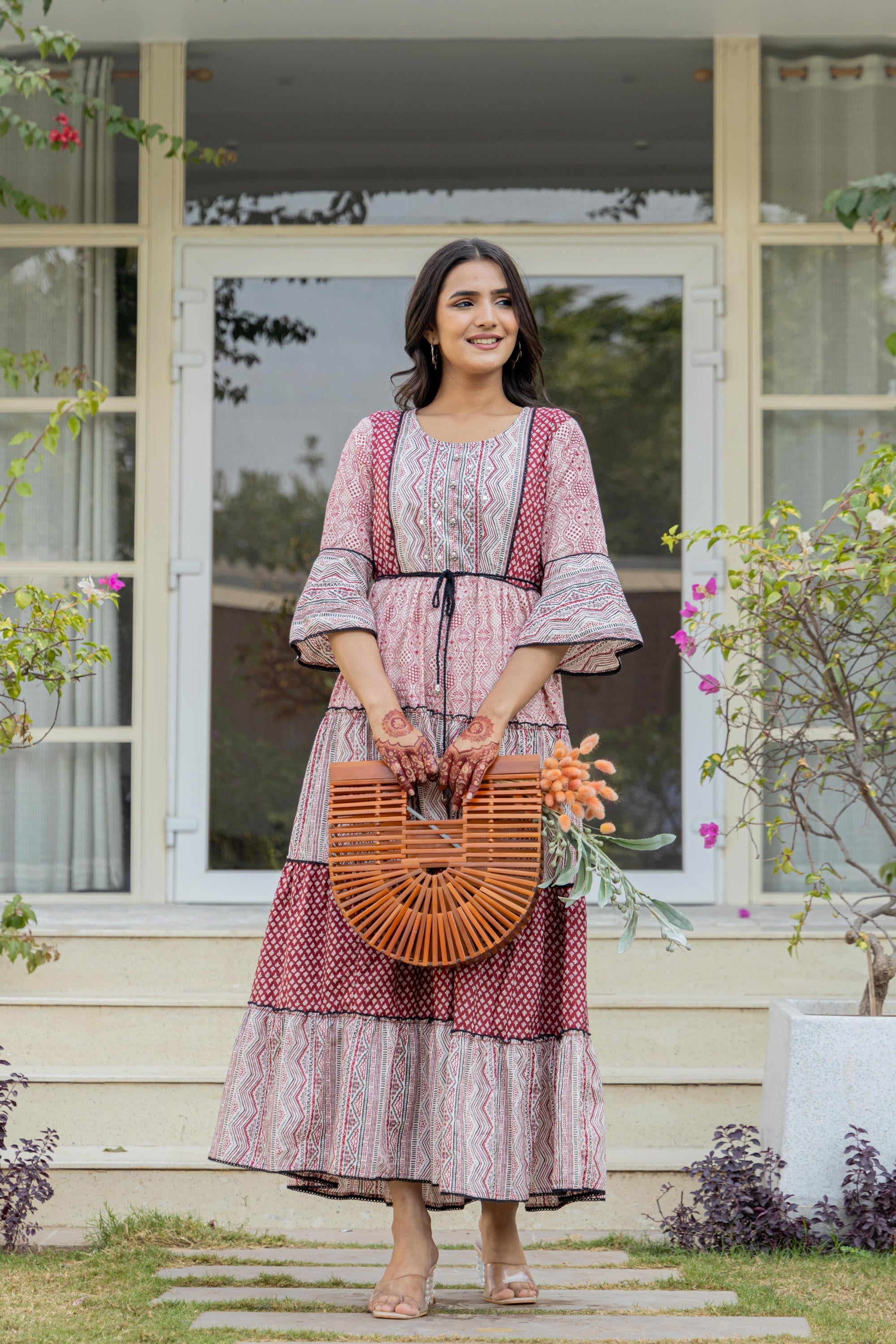 Red Ethnic Motif Printed Cotton Long Dress With Sequins & Doris | Desi