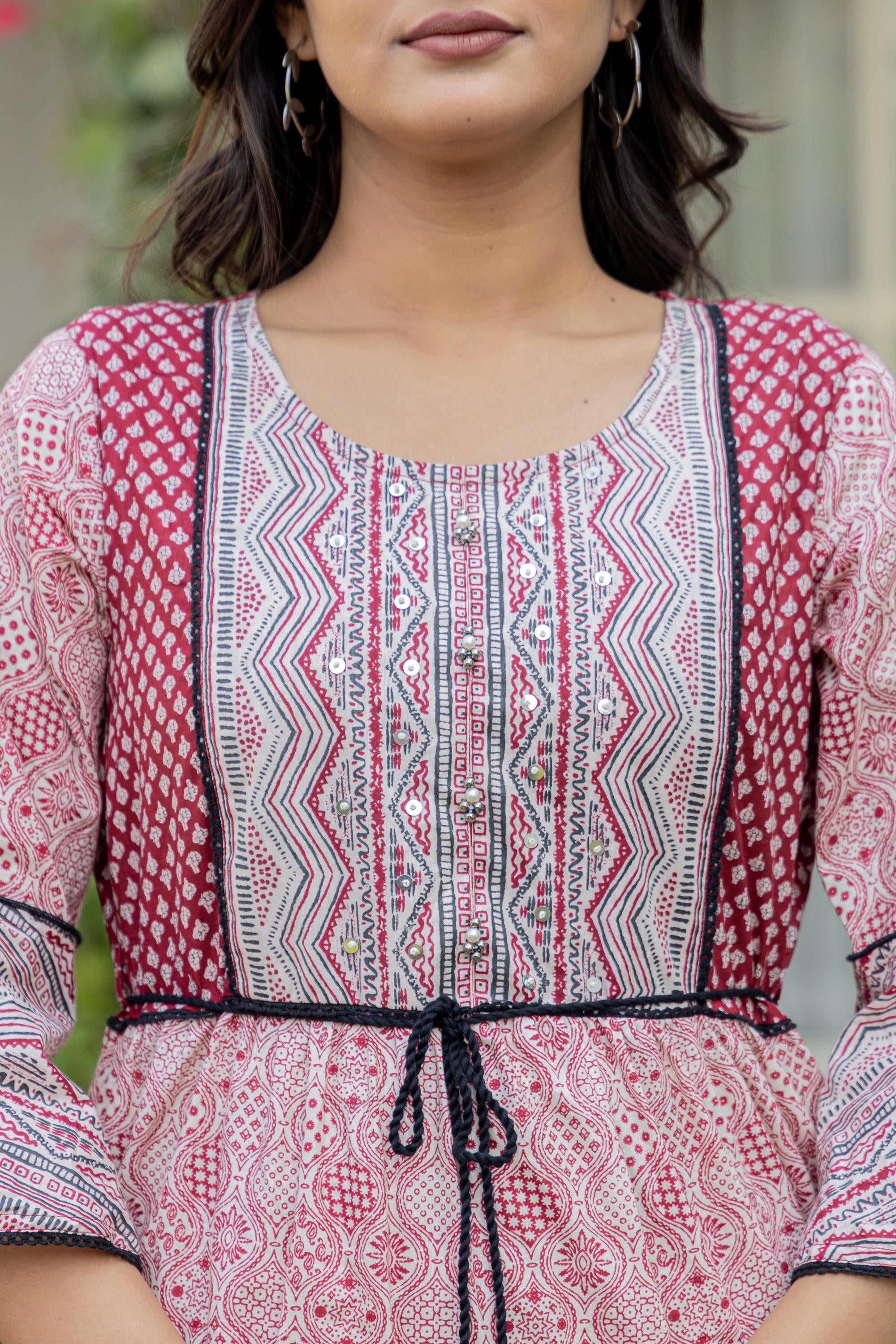 Red Ethnic Motif Printed Cotton Long Dress With Sequins & Doris | Desi