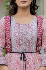 Red Ethnic Motif Printed Cotton Long Dress With Sequins & Doris